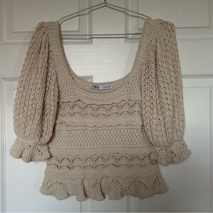 Zara Beige Crochet Puff Sleeve Top